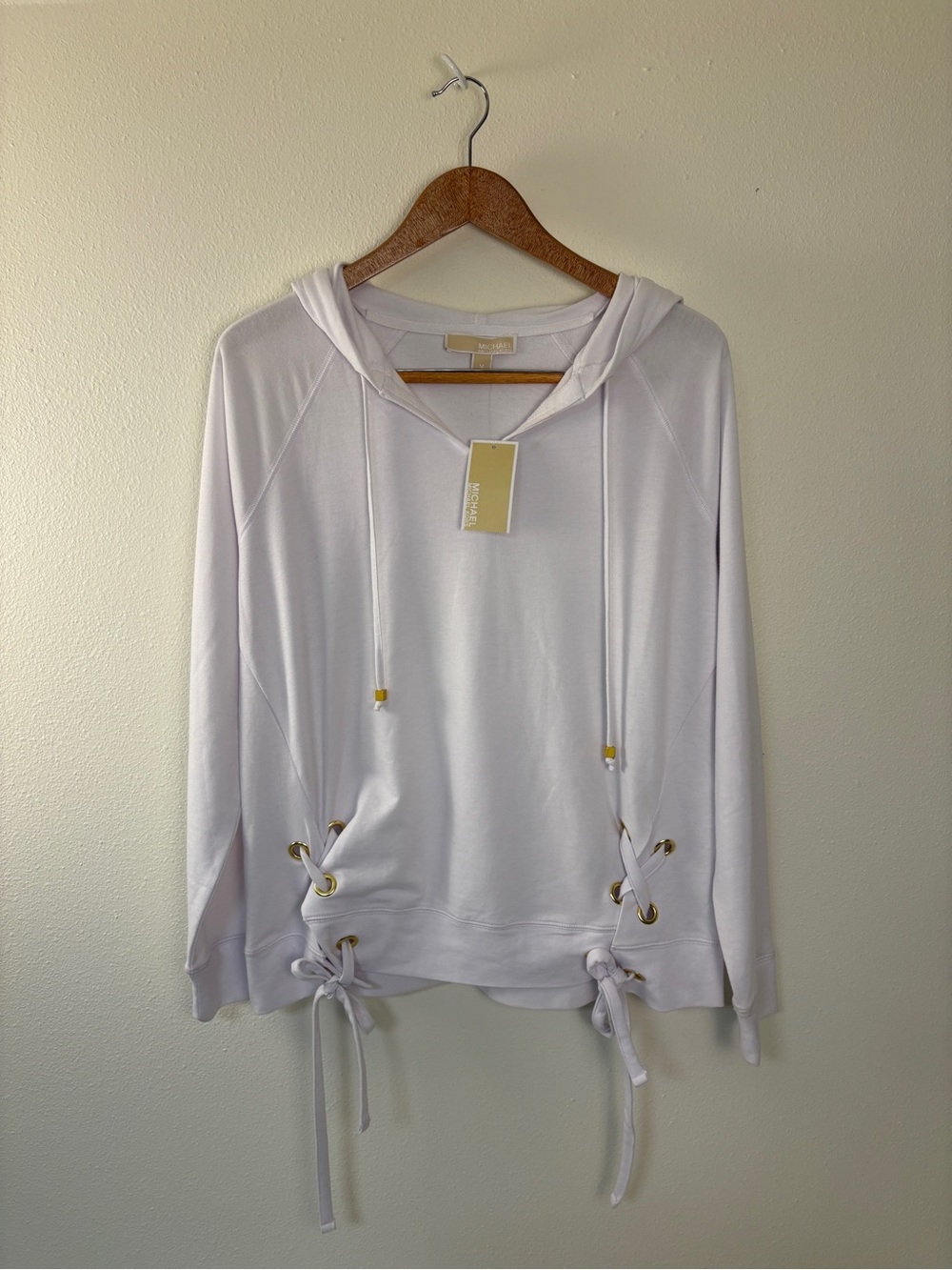 Michael Kors White Lace-Up Hoodie Top Coastal Lightweight Quiet Luxury NWT